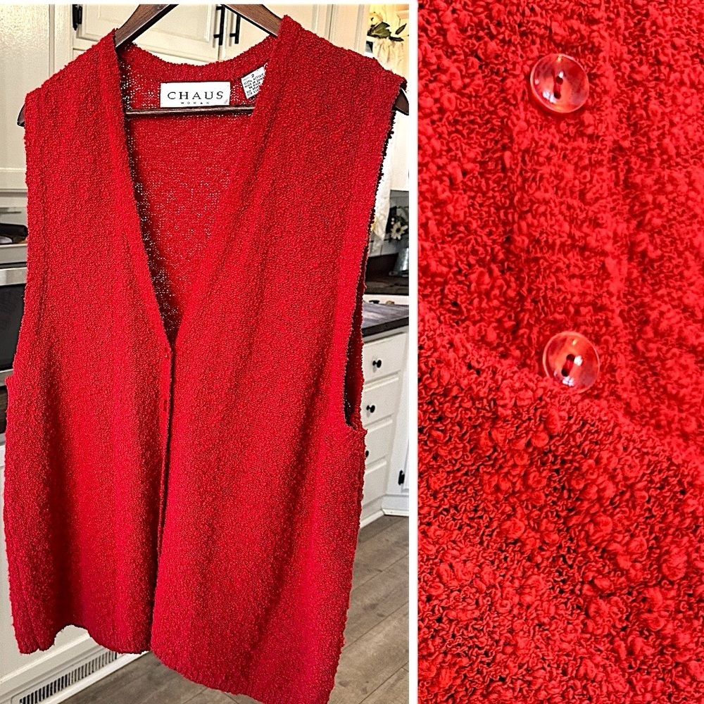 Vintage 90s Chaus Women Red Sweater Vest Sz L (2) Acrylic Soft Textured Knit